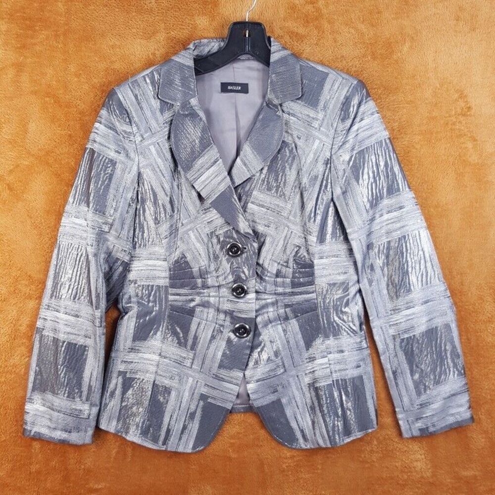 BASLER Womens Jacket Size 38 Gray Button Up Pintuck Blazer Satin Evening Dressy